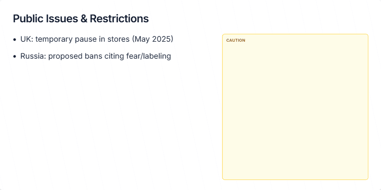Slide displaying public issues and restrictions affecting product availability. It includes a title, 'Public Issues & Restrictions,' a list of specific restrictions in different regions (UK, Russia, Iraq), and a yellow and black caution banner. Fragment #3