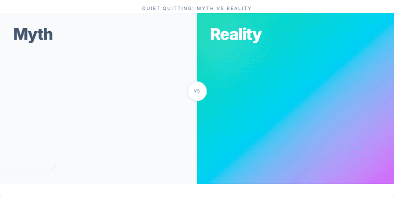 Slide depicting 'Quiet Quitting: Myth vs Reality'. The left side, representing 'Myth', uses muted tones and a glitch effect. The right, 'Reality', is vibrant with smooth animations.  Bullet points contrast misconceptions with facts. Fragment #1