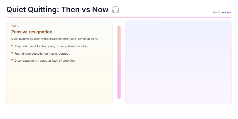 A slide titled 'Quiet Quitting: Then vs Now' with a split-screen design. The left side, in sepia tones, represents the past and describes quiet quitting as passive resignation. The right side, in vibrant neon colors, represents the present and defines it as intentional boundaries. A pulsing bar in the center symbolizes the shift in work culture. Fragment #2
