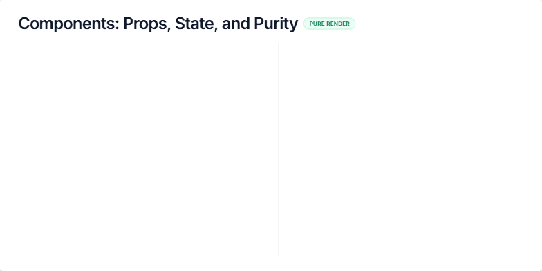 A slide about React components illustrating props, state, and pure render with a code example and key concept explanations. Fragment #1