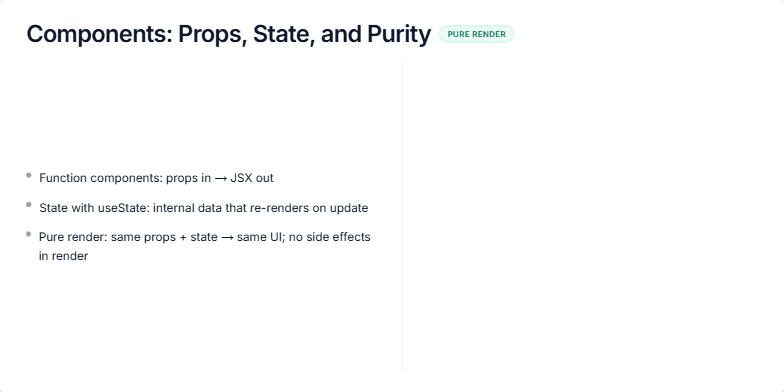 A slide about React components illustrating props, state, and pure render with a code example and key concept explanations. Fragment #2