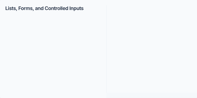 Slide depicting a React code snippet for a controlled input, a mock form UI, and bullet points explaining keys in lists, controlled vs uncontrolled inputs, and scaling form management. Fragment #1