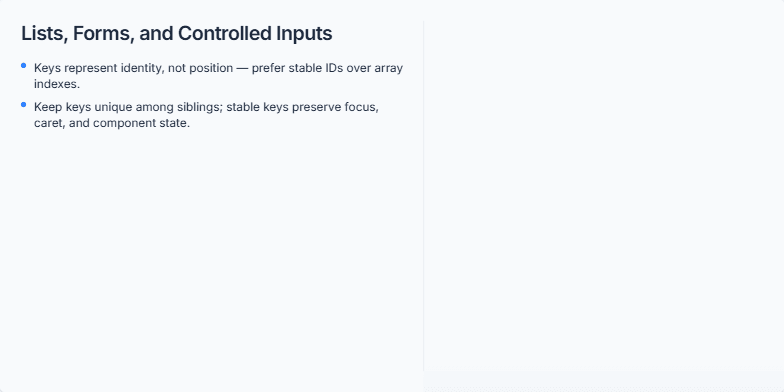 Slide depicting a React code snippet for a controlled input, a mock form UI, and bullet points explaining keys in lists, controlled vs uncontrolled inputs, and scaling form management. Fragment #2