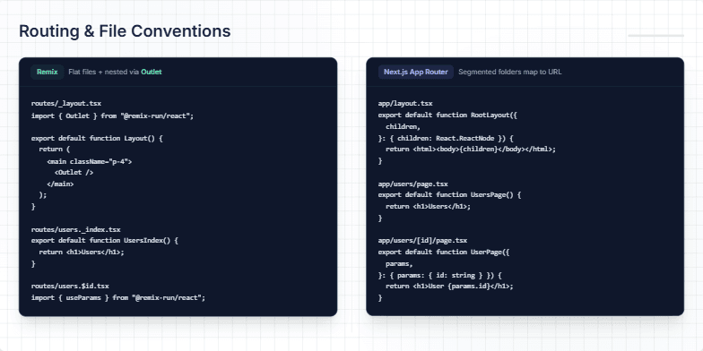 A comparison slide titled 'Routing & File Conventions', showing code examples for Remix on the left and Next.js App Router on the right. Each side details file structure for layouts, index pages, and dynamic routes. Fragment #3