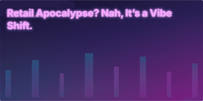 Slide titled 'Retail Apocalypse? Nah, It's a Vibe Shift' with a futuristic cyberpunk cityscape background and vibrant data visualizations highlighting positive retail trends. Fragment #1