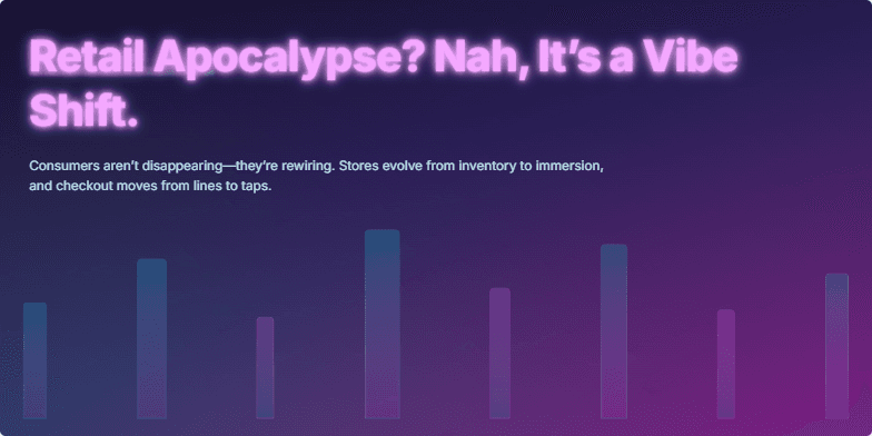 Slide titled 'Retail Apocalypse? Nah, It's a Vibe Shift' with a futuristic cyberpunk cityscape background and vibrant data visualizations highlighting positive retail trends. Fragment #2