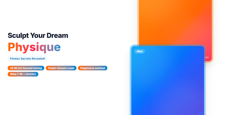 A dynamic slide showcasing a fitness transformation with before & after photos. Vibrant colors, bold typography, and smooth animations highlight the effectiveness of the fitness secrets revealed. Fragment #2