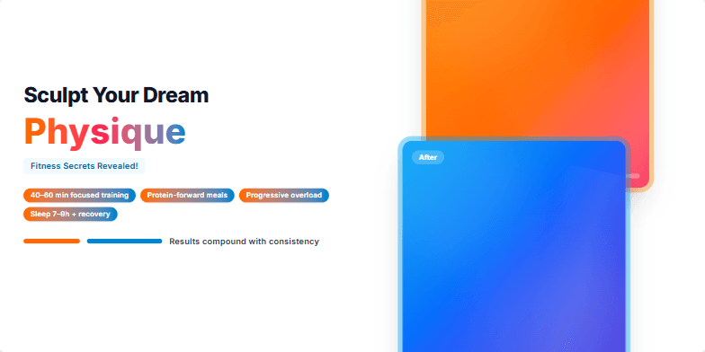 A dynamic slide showcasing a fitness transformation with before & after photos. Vibrant colors, bold typography, and smooth animations highlight the effectiveness of the fitness secrets revealed.