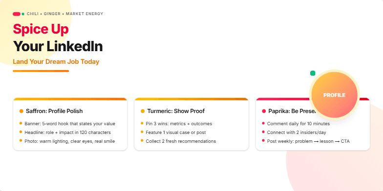 Slide with a spice market theme promoting LinkedIn profile improvement. It features bold typography, warm colors (saffron, turmeric, paprika), and icons of spices. Three cards highlight key takeaways: profile polish, showcasing proof of work, and active presence. Fragment #3