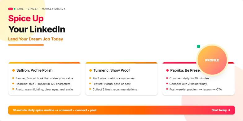 Slide with a spice market theme promoting LinkedIn profile improvement. It features bold typography, warm colors (saffron, turmeric, paprika), and icons of spices. Three cards highlight key takeaways: profile polish, showcasing proof of work, and active presence.