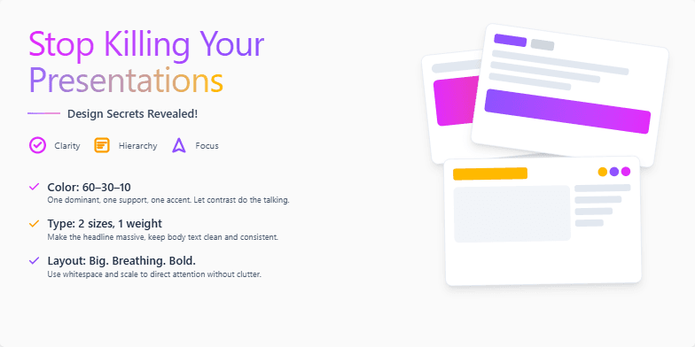 A slide titled 'Stop Killing Your Presentations: Design Secrets Revealed!' The slide uses a vibrant color palette of fuchsia, violet, and amber. The title is large and uses a gradient effect. Minimalist icons representing clarity, hierarchy, and focus are present.  Mockup slides demonstrate good design practices. Bullet points outline key design tips related to color, typography, and layout.
