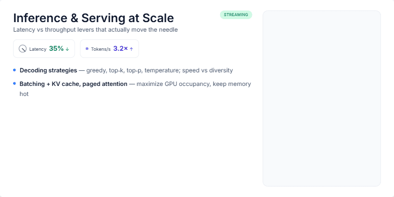 A slide titled 'Inference & Serving at Scale' detailing LLM optimization techniques. The left side lists methods like decoding strategies and quantization. The right side features a table comparing these methods' impact on latency vs. quality with colored up/down arrows. Fragment #3