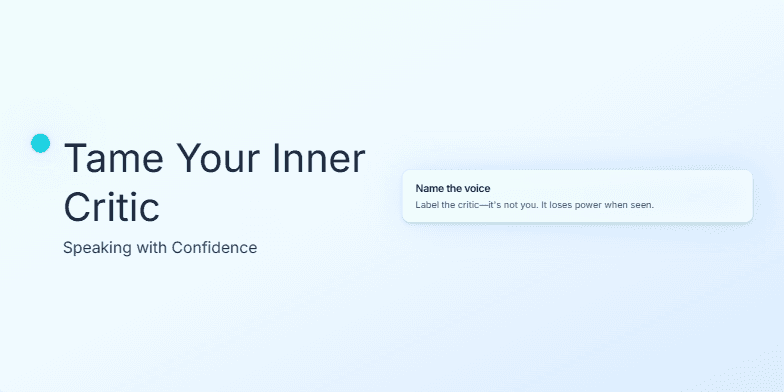 A slide with a calming blue-green gradient background. The title 'Tame Your Inner Critic: Speaking with Confidence' is written in elegant script. A small, animated flame flickers beside the title. Four key points about building speaking confidence are listed on the right side, each with a soft glow effect: 'Name the voice,' 'Breathe + pause,' 'Reframe the fear,' and 'Aim for one person.' Fragment #3