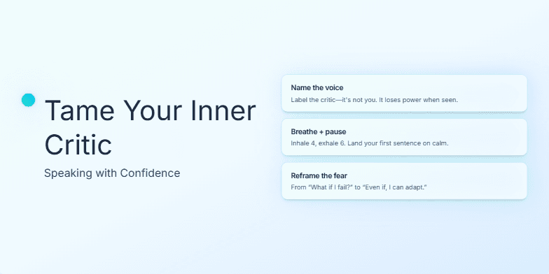 A slide with a calming blue-green gradient background. The title 'Tame Your Inner Critic: Speaking with Confidence' is written in elegant script. A small, animated flame flickers beside the title. Four key points about building speaking confidence are listed on the right side, each with a soft glow effect: 'Name the voice,' 'Breathe + pause,' 'Reframe the fear,' and 'Aim for one person.' Fragment #5