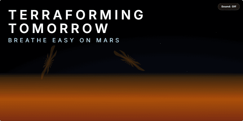 A slide visualizing the terraforming of Mars. It transitions from a barren Martian landscape with swirling dust devils to a vibrant, Earth-like environment with lush vegetation and a breathable atmosphere. The title reads 'Terraforming Tomorrow: Breathe Easy on Mars'. Fragment #1