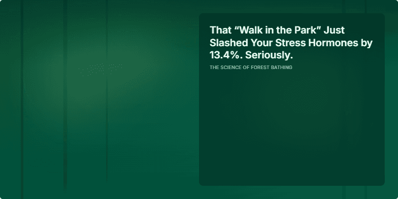 A serene presentation slide about the science of forest bathing. The background is an abstract depiction of a green forest with light filtering through the trees. A dark green, semi-transparent panel on the right contains the text, which reads 'That ‘Walk in the Park’ Just Slashed Your Stress Hormones by 13.4%. Seriously.' The number 13.4% is prominently displayed, followed by bullet points for 'Reduced Cortisol' and 'Improved Focus' with corresponding icons.