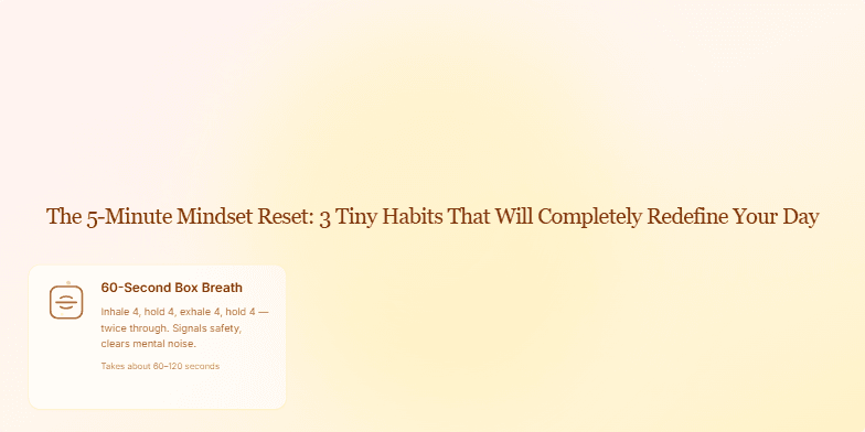 A tranquil presentation slide with a sunrise gradient background titled 'The 5-Minute Mindset Reset'. Below the title, three cards detail habits for Box Breathing, a Focus List, and a Micro-Yes Start, each with an animated, self-drawing icon. Fragment #2