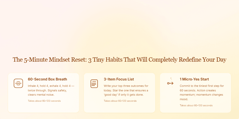A tranquil presentation slide with a sunrise gradient background titled 'The 5-Minute Mindset Reset'. Below the title, three cards detail habits for Box Breathing, a Focus List, and a Micro-Yes Start, each with an animated, self-drawing icon.