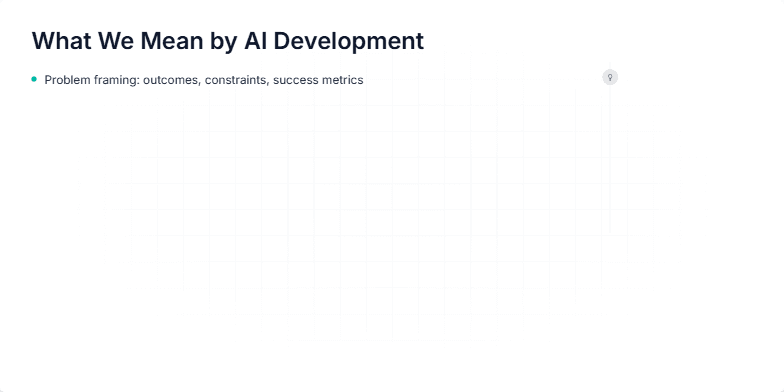 A slide illustrating the AI development lifecycle, featuring icons representing key stages like problem framing, data pipelines, model design, training, deployment, and monitoring. Fragment #2