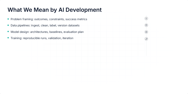 A slide illustrating the AI development lifecycle, featuring icons representing key stages like problem framing, data pipelines, model design, training, deployment, and monitoring. Fragment #5