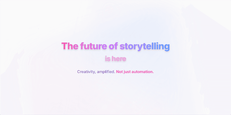A slide with a vibrant, animated background featuring glowing beams and digital sparkles. The text 'The future of storytelling is here' is prominently displayed, followed by 'Creativity, amplified. Not just automation.' A pulsating 'Try it now' button encourages interaction. Fragment #1