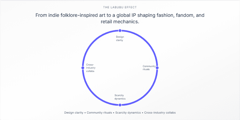 A circular diagram illustrating the four pillars of the Labubu Effect: Design Clarity, Community Rituals, Scarcity Dynamics, and Cross-Industry Collabs.  A partial ring animates clockwise, symbolizing the growth and momentum of the brand.