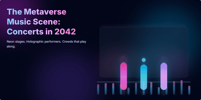 A futuristic concert scene in the metaverse, featuring holographic performers on a neon-lit stage with dynamic equalizer bars and vibrant background lighting. Fragment #2