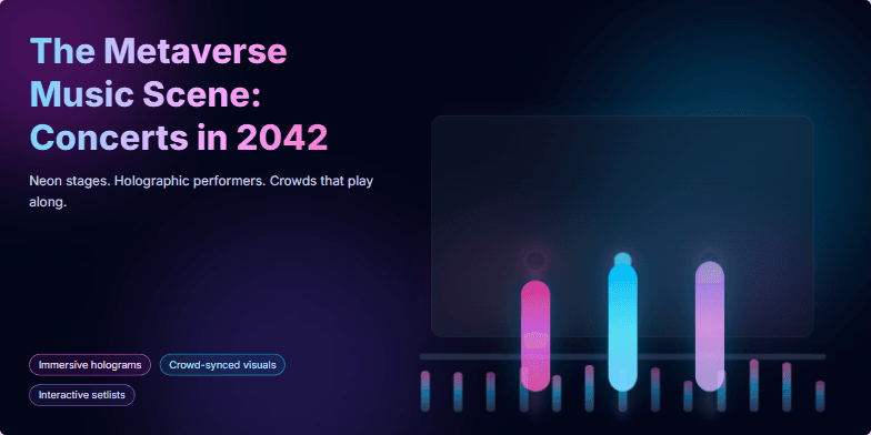 A futuristic concert scene in the metaverse, featuring holographic performers on a neon-lit stage with dynamic equalizer bars and vibrant background lighting. Fragment #3