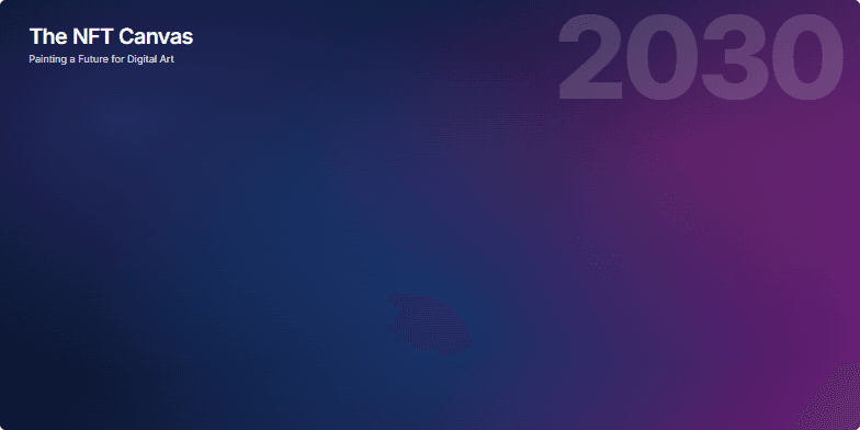 A futuristic 3D model of an art gallery showcasing pulsating NFT artworks against a dynamic blue-to-magenta gradient background. The year 2030 is prominently displayed, emphasizing the forward-thinking nature of the presentation. Fragment #1