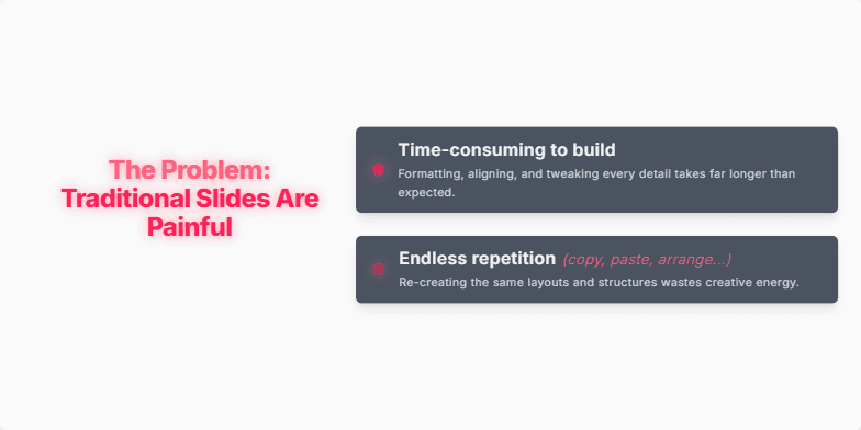 A slide with a dark background and a bright red title: 'The Problem: Traditional Slides Are Painful'. Below, three animated bullet points list the pain points of traditional slide creation: time-consuming to build, endless repetition, and uninspiring results. Each point is accompanied by a pulsing red dot and detailed descriptions. Fragment #3