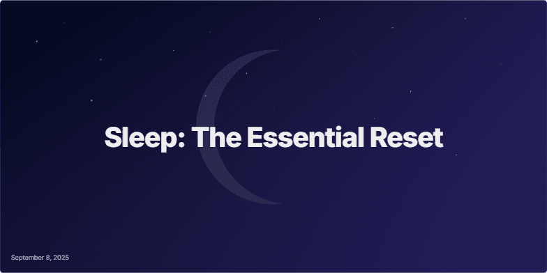 Title slide for a presentation on sleep. Dark background with twinkling stars, a crescent moon, and the title 'Sleep: The Essential Reset'. Fragment #2