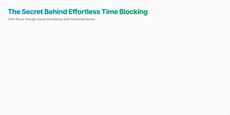 Slide depicting the transformation from scattered tasks to an organized time-blocked schedule using a calming color palette and smooth animations. The slide emphasizes the key principles of effective time blocking for improved focus and productivity. Fragment #1