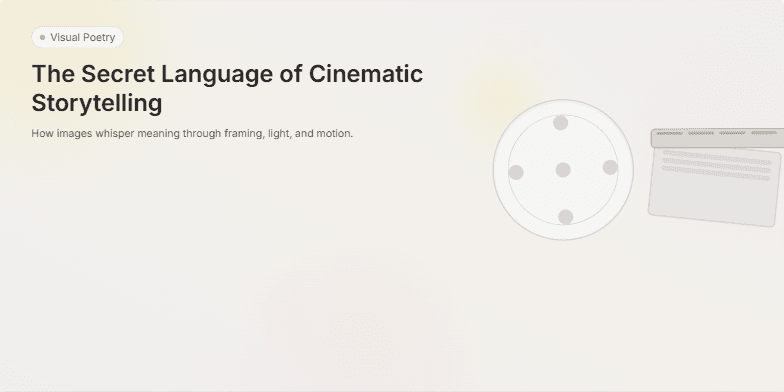 A slide titled 'The Secret Language of Cinematic Storytelling' features a vintage film reel and clapperboard against a muted background with soft focus effects.  The text introduces the concept of visual poetry in cinema. Fragment #1