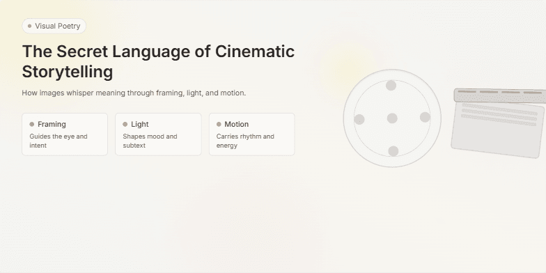 A slide titled 'The Secret Language of Cinematic Storytelling' features a vintage film reel and clapperboard against a muted background with soft focus effects.  The text introduces the concept of visual poetry in cinema. Fragment #2