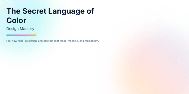 A slide showcasing the psychology of color in design. Three color palettes, labeled 'Trust,' 'Energy,' and 'Calm,' are displayed with animated transitions. The background features soft, flowing gradients. Fragment #1