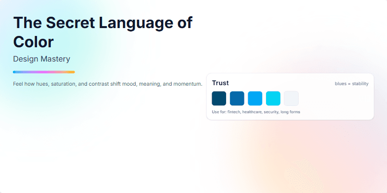 A slide showcasing the psychology of color in design. Three color palettes, labeled 'Trust,' 'Energy,' and 'Calm,' are displayed with animated transitions. The background features soft, flowing gradients. Fragment #2