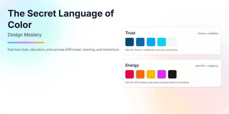 A slide showcasing the psychology of color in design. Three color palettes, labeled 'Trust,' 'Energy,' and 'Calm,' are displayed with animated transitions. The background features soft, flowing gradients. Fragment #3