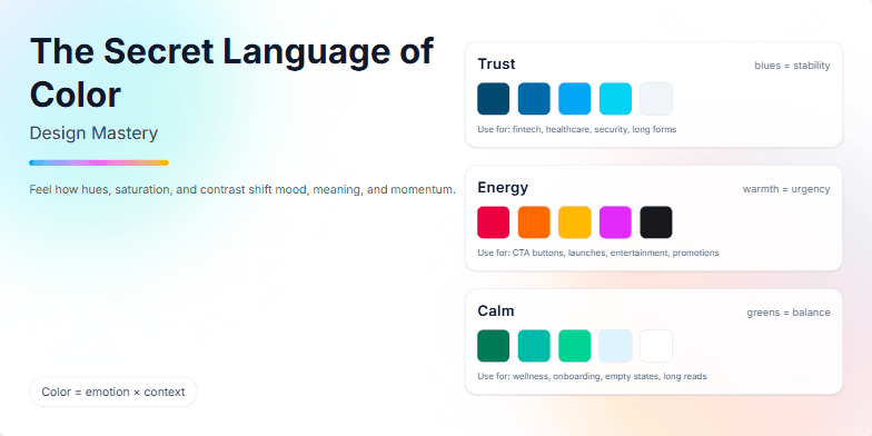 A slide showcasing the psychology of color in design. Three color palettes, labeled 'Trust,' 'Energy,' and 'Calm,' are displayed with animated transitions. The background features soft, flowing gradients.