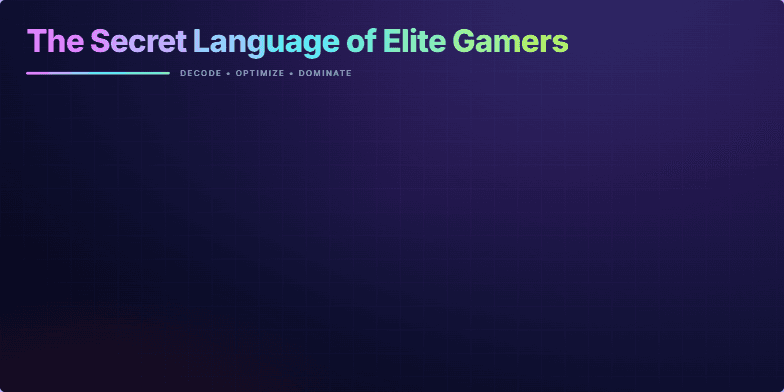 A slide titled 'The Secret Language of Elite Gamers' with a neon, geometric design. It features key gaming terms like APM, Flick, and Tilt, explained with dynamic sparkline graphs and a pulsating bar stream visualization, all set against a dark, electric backdrop. Fragment #1