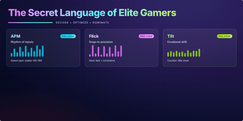 A slide titled 'The Secret Language of Elite Gamers' with a neon, geometric design. It features key gaming terms like APM, Flick, and Tilt, explained with dynamic sparkline graphs and a pulsating bar stream visualization, all set against a dark, electric backdrop. Fragment #2