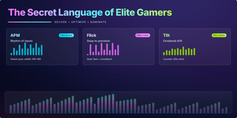 A slide titled 'The Secret Language of Elite Gamers' with a neon, geometric design. It features key gaming terms like APM, Flick, and Tilt, explained with dynamic sparkline graphs and a pulsating bar stream visualization, all set against a dark, electric backdrop. Fragment #3