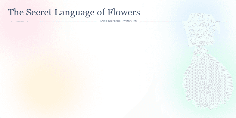 A slide titled 'The Secret Language of Flowers: Unveiling Floral Symbolism' with a pastel watercolor background and animated flower illustrations. Each flower card displays the flower's name and symbolic meaning, creating a serene and visually appealing presentation. Fragment #1