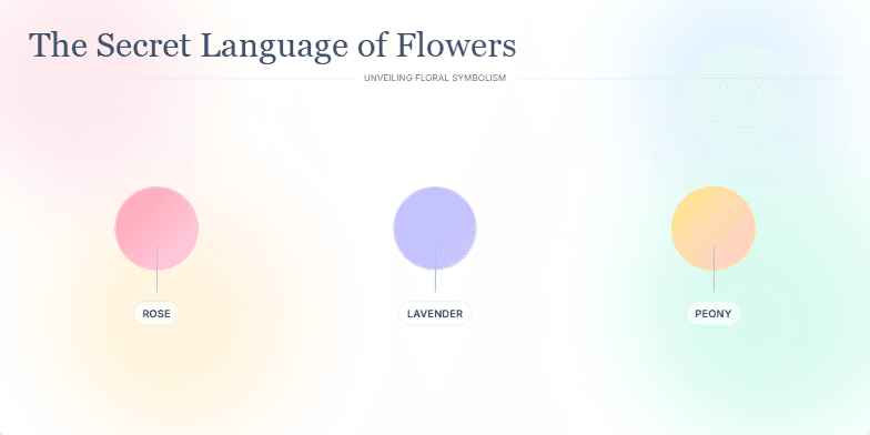 A slide titled 'The Secret Language of Flowers: Unveiling Floral Symbolism' with a pastel watercolor background and animated flower illustrations. Each flower card displays the flower's name and symbolic meaning, creating a serene and visually appealing presentation. Fragment #2