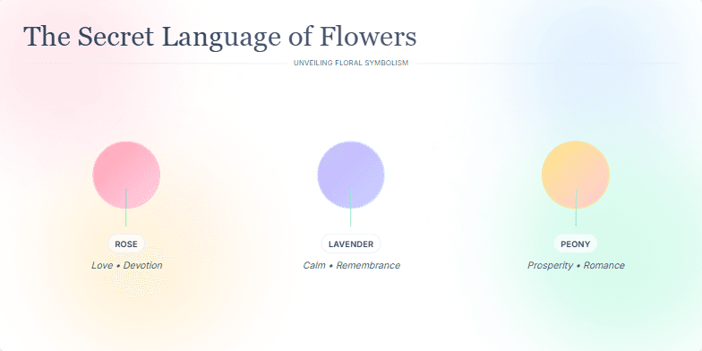 A slide titled 'The Secret Language of Flowers: Unveiling Floral Symbolism' with a pastel watercolor background and animated flower illustrations. Each flower card displays the flower's name and symbolic meaning, creating a serene and visually appealing presentation. Fragment #3