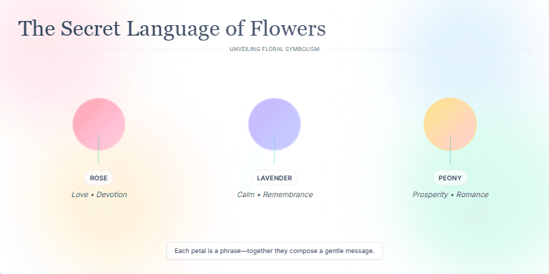 A slide titled 'The Secret Language of Flowers: Unveiling Floral Symbolism' with a pastel watercolor background and animated flower illustrations. Each flower card displays the flower's name and symbolic meaning, creating a serene and visually appealing presentation.