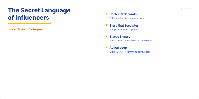 A slide titled 'The Secret Language of Influencers: Steal Their Strategies' with a deep blue background and gold accents.  Key influencer strategies are listed as animated bullet points, including 'Hook in 3 Seconds,' 'Story that Escalates,' 'Status Signals,' and 'Action Loop.' Fragment #3