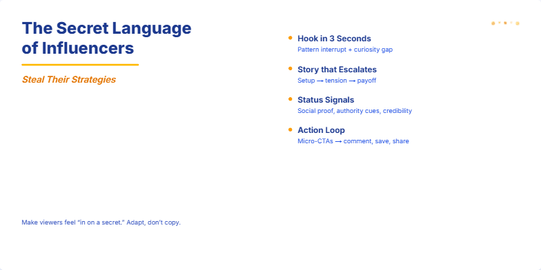 A slide titled 'The Secret Language of Influencers: Steal Their Strategies' with a deep blue background and gold accents.  Key influencer strategies are listed as animated bullet points, including 'Hook in 3 Seconds,' 'Story that Escalates,' 'Status Signals,' and 'Action Loop.'