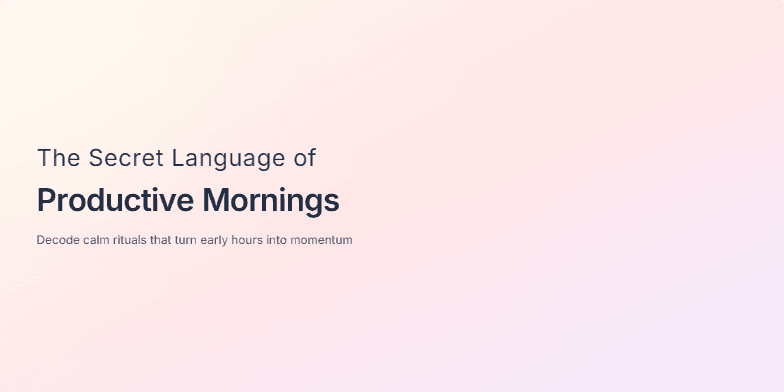 A slide with a calming peach and lavender gradient background. The title 'The Secret Language of Productive Mornings' appears gently, letter by letter. Animated icons of a coffee cup, journal, and sunrise float subtly, creating a peaceful and inspiring atmosphere. Fragment #3