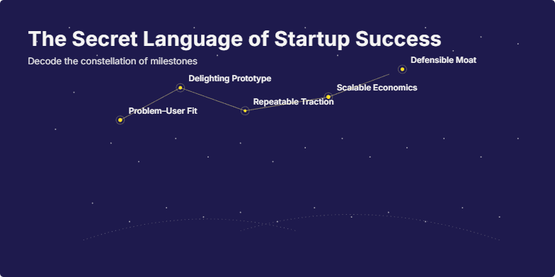 A dark indigo slide with golden stars forming a constellation. Each star represents a key milestone in startup success, connected by lines to show the journey.  The title 'The Secret Language of Startup Success' is displayed in warm white text. Fragment #6