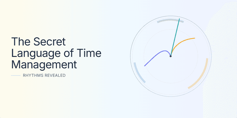 A stylized clock with flowing hands represents the natural rhythms of productivity against a calming sunrise-to-twilight gradient background.  Three colored arcs symbolize different energy levels throughout the day: Morning Rise, Focus Flow, and Evening Unwind. Fragment #1